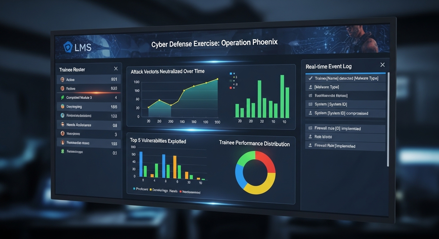 Learning management system tracking trainee performance metrics during a simulated cyber defense exercise.