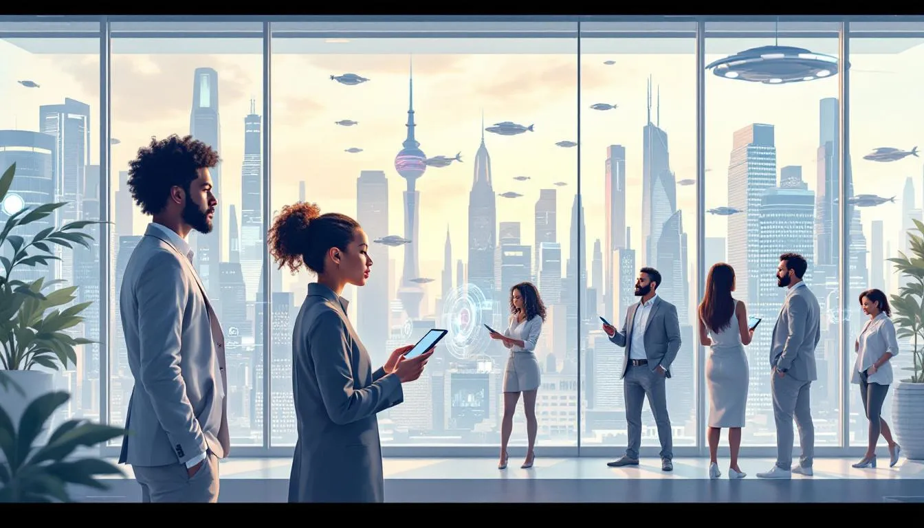 The image depicts a diverse group of people engaged in a discussion about the challenges of navigating the future of employment and wealth distribution, highlighting issues such as income inequality and economic growth. Various charts and graphs related to household income and wealth distribution are visible in the background, emphasizing the rising wealth gap and the impact on different families in the labor market.