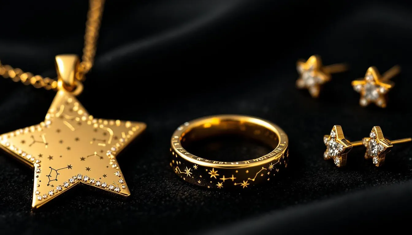 The image showcases a collection of gold-plated jewellery inspired by star signs, featuring elegant pieces such as pendant necklaces, hoop earrings, and stacking rings. Each item is crafted to reflect personality and style, perfect for everyday wear or as a chic statement accessory.