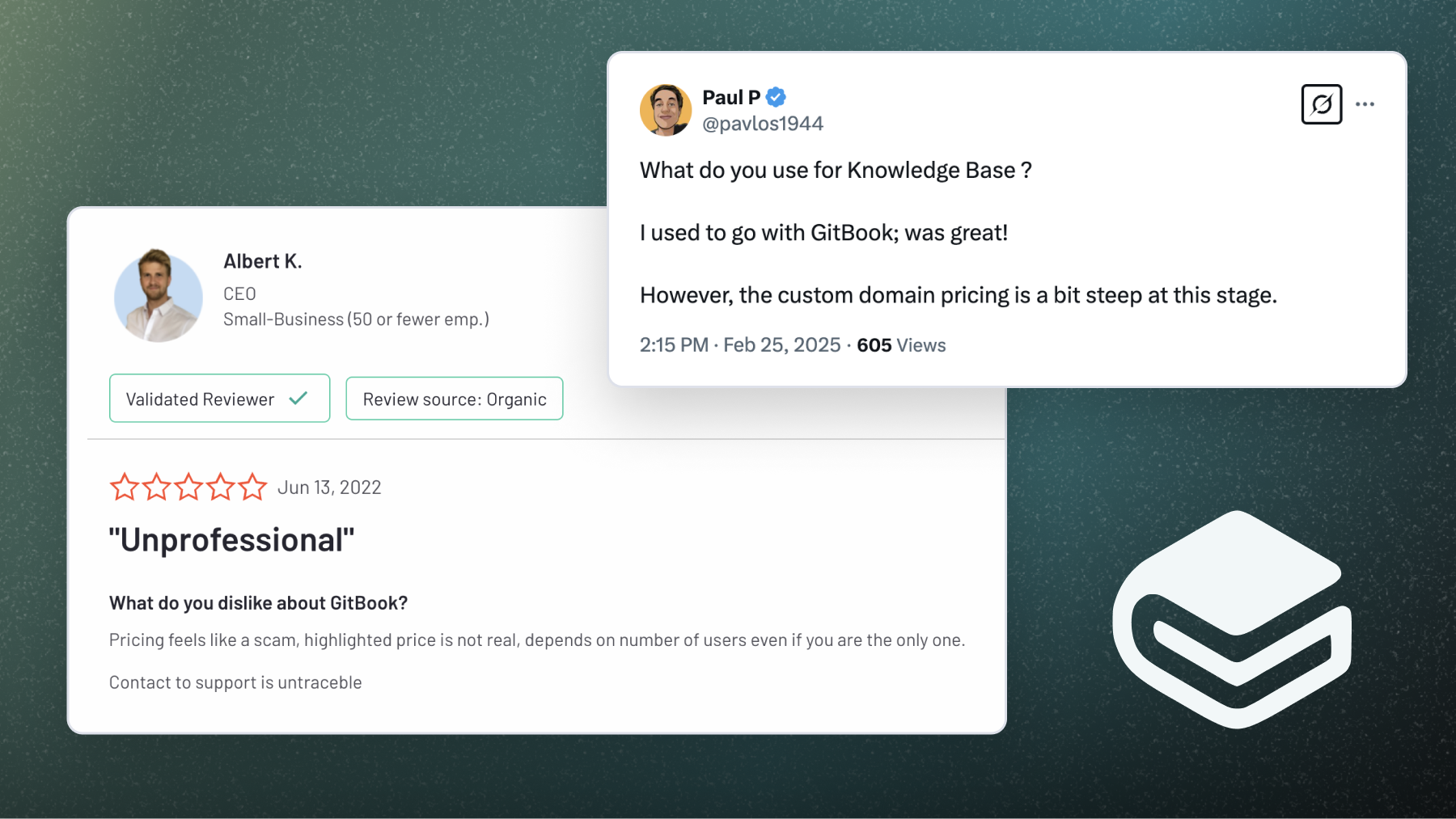 Gitbook pricing reviews from X and G2.