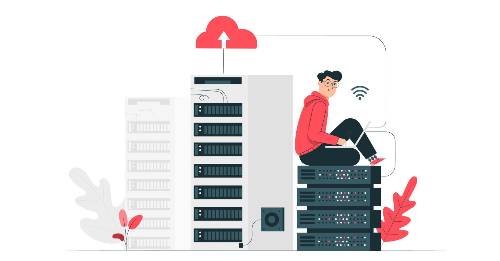 A man perched on a server rack, overseeing the technological infrastructure.