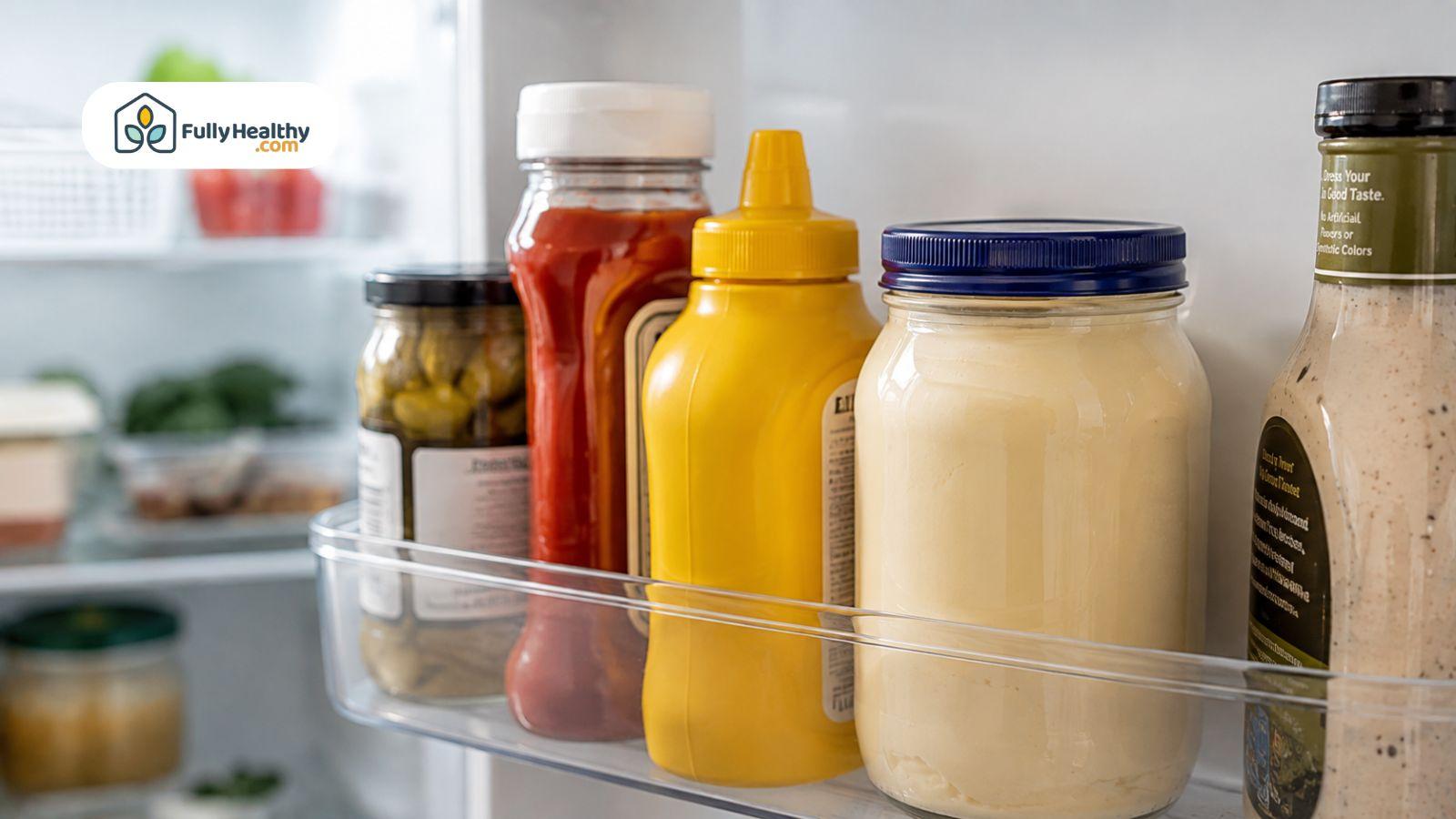 Opened jar of mayonnaise stored safely in a refrigerator beside everyday condiments.