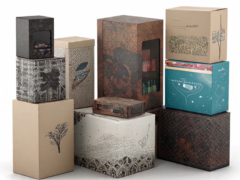 An image of stacked decorative packaging boxes with artistic patterns and window cut-outs, arranged in different sizes and colors.