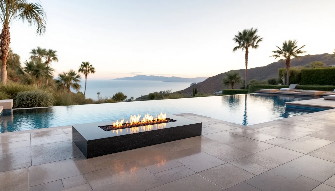 A combined fire and water feature setup in a luxurious pool environment, emphasizing aesthetic appeal.