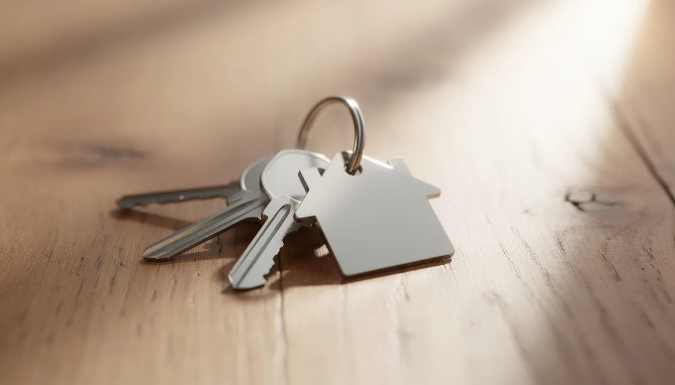 The image features a set of keys to a new home placed on a wooden table, symbolizing the beginning of a new chapter in homeownership. This moment often involves understanding credit scores, down payments, and the mortgage process to secure favorable loan terms.