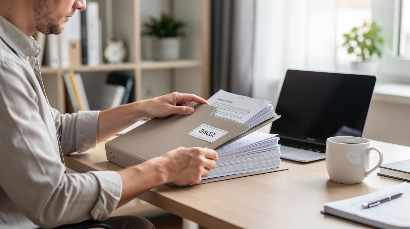 The image shows a person carefully organizing various paperwork and documents in a folder at a home office, suggesting a focus on the immigration process and ensuring all necessary documentation is in order for their immigration status in the Republic of Ireland. The setting implies a sense of planning and preparation for future immigration permissions or visa applications.