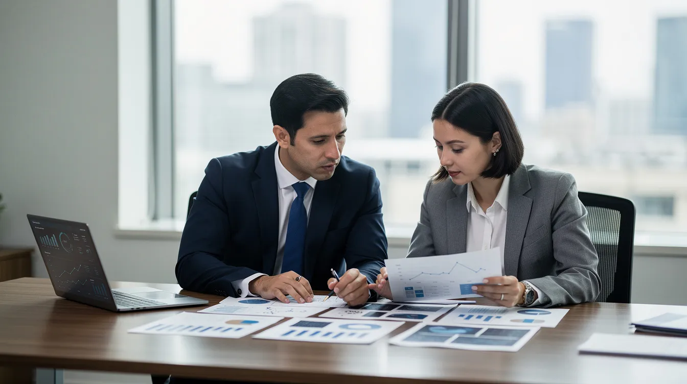 The image shows two professionals sitting at a desk, intently reviewing documents related to a cost segregation study. They appear to be discussing tax-saving strategies for real estate investors, focusing on how to accelerate depreciation deductions to boost cash flow and reduce taxable income.