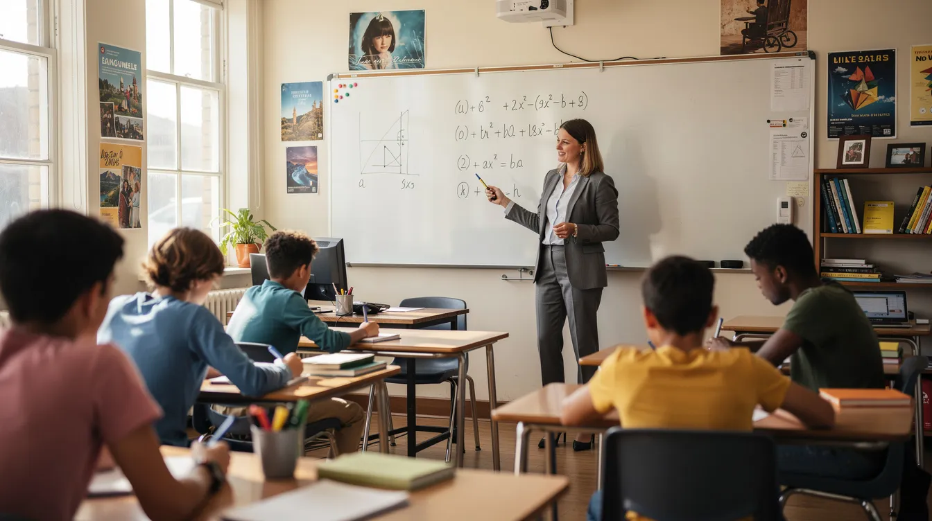 A teacher stands at a whiteboard demonstrating a math problem while students observe from their desks, engaging in the learning process and practicing self-monitoring to avoid common mistakes. This interactive modeling helps students understand essential skills for checking their own work and improving their academic performance.