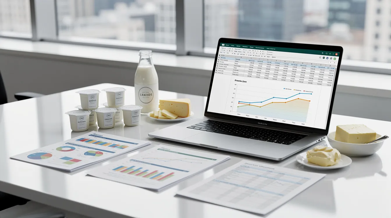 edb1d354 5b12 4f1b 9e5e 8fb6d871f934 The image depicts a professional office desk cluttered with financial documents and a laptop displaying spreadsheet projections related to a peanut butter manufacturing plant. Nearby, there are samples of dairy products, suggesting a focus on food processing industries and the peanut butter market.