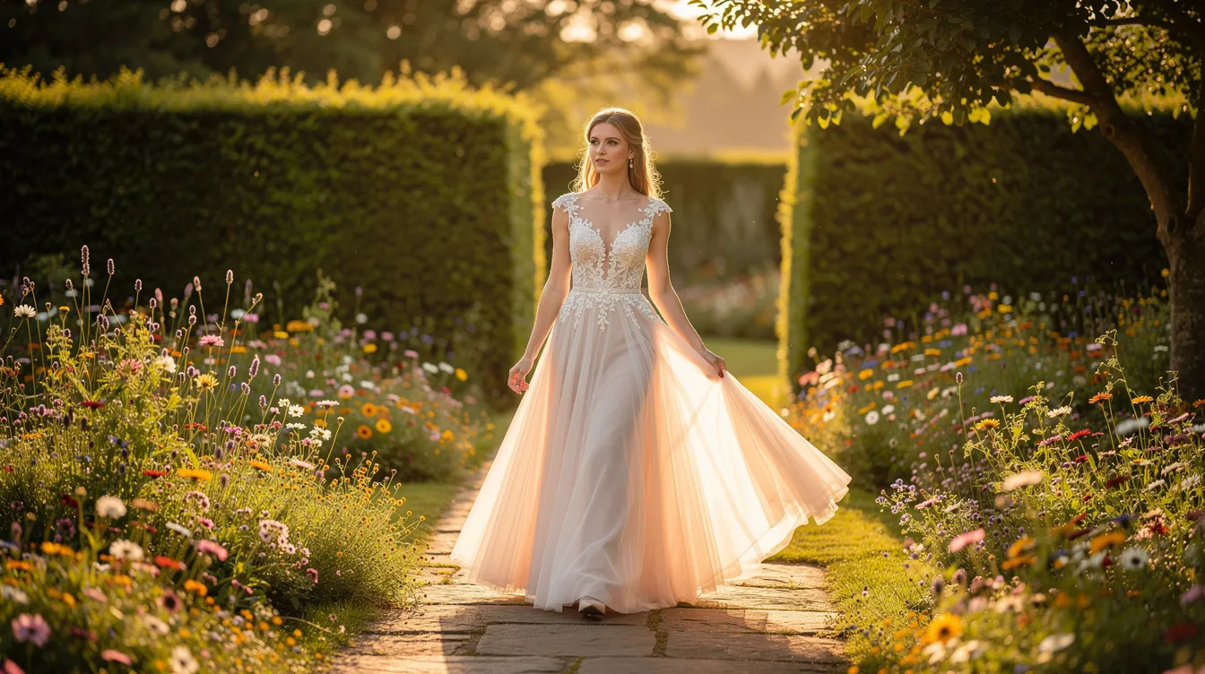 A bride gracefully walks through a sunlit garden wearing a flowing A-line wedding gown, surrounded by lush green hedges and vibrant wildflowers. The gown's flattering silhouette and delicate lace details reflect timeless elegance, making it a stunning choice for her special day.