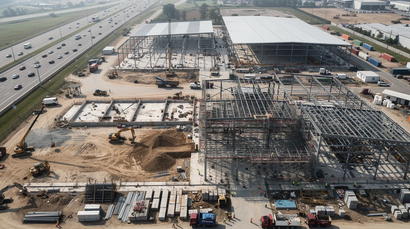 An aerial view showcases a large industrial construction site adjacent to a highway corridor, featuring steel structures and heavy equipment. This bustling construction project highlights the use of various construction materials and the intricate operations involved in the construction industry.