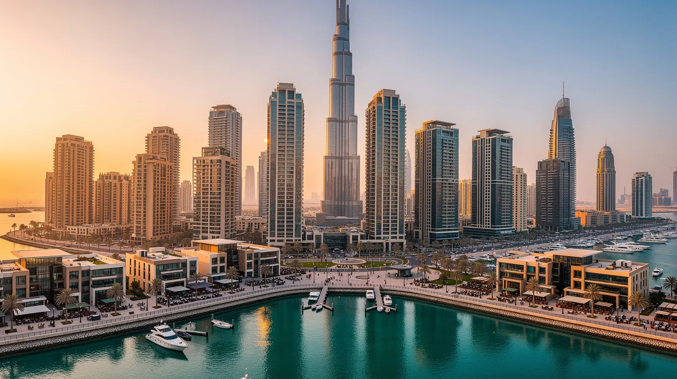 The image showcases the modern Dubai skyline featuring sleek residential towers and luxurious waterfront developments, highlighting Dubai's real estate market. This vibrant urban landscape reflects the city's appeal to property investors and real estate investors looking for capital appreciation and diverse investment opportunities.
