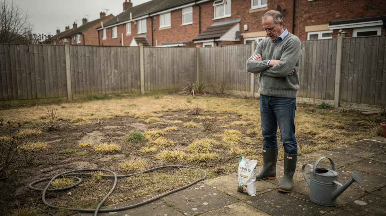The image depicts a dry, struggling lawn with patches of newly laid turf, while an upset homeowner stands nearby, frustrated by the hosepipe ban and the dry weather affecting their lawn care efforts. The scene highlights the challenges of maintaining green space during restrictions on water usage in the UK.
