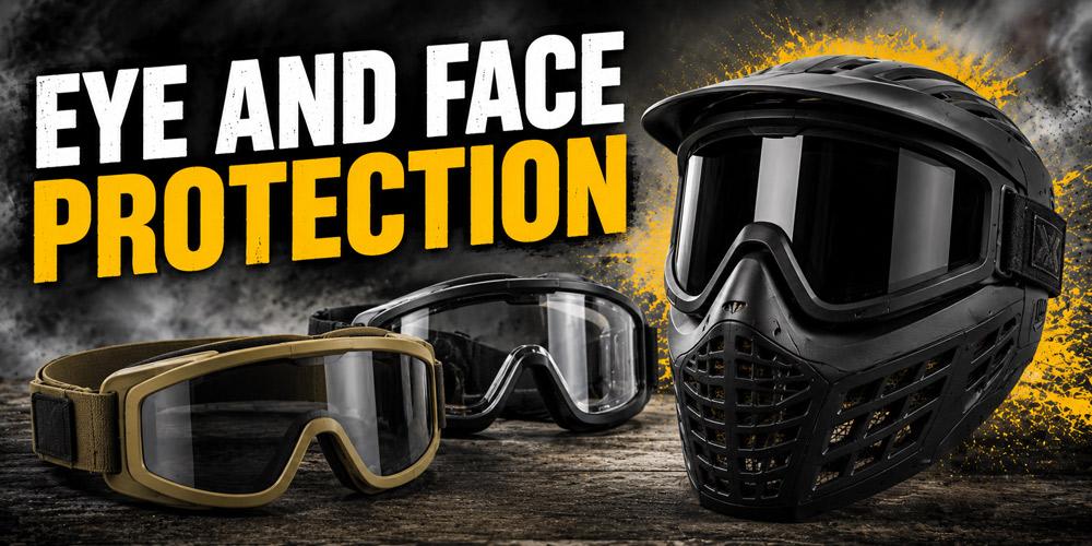 The image features a pair of airsoft goggles alongside a full face mask, both displayed on a dark background, showcasing essential airsoft gear for beginners. This combination highlights important accessories for airsoft enthusiasts, ensuring protection during gameplay.