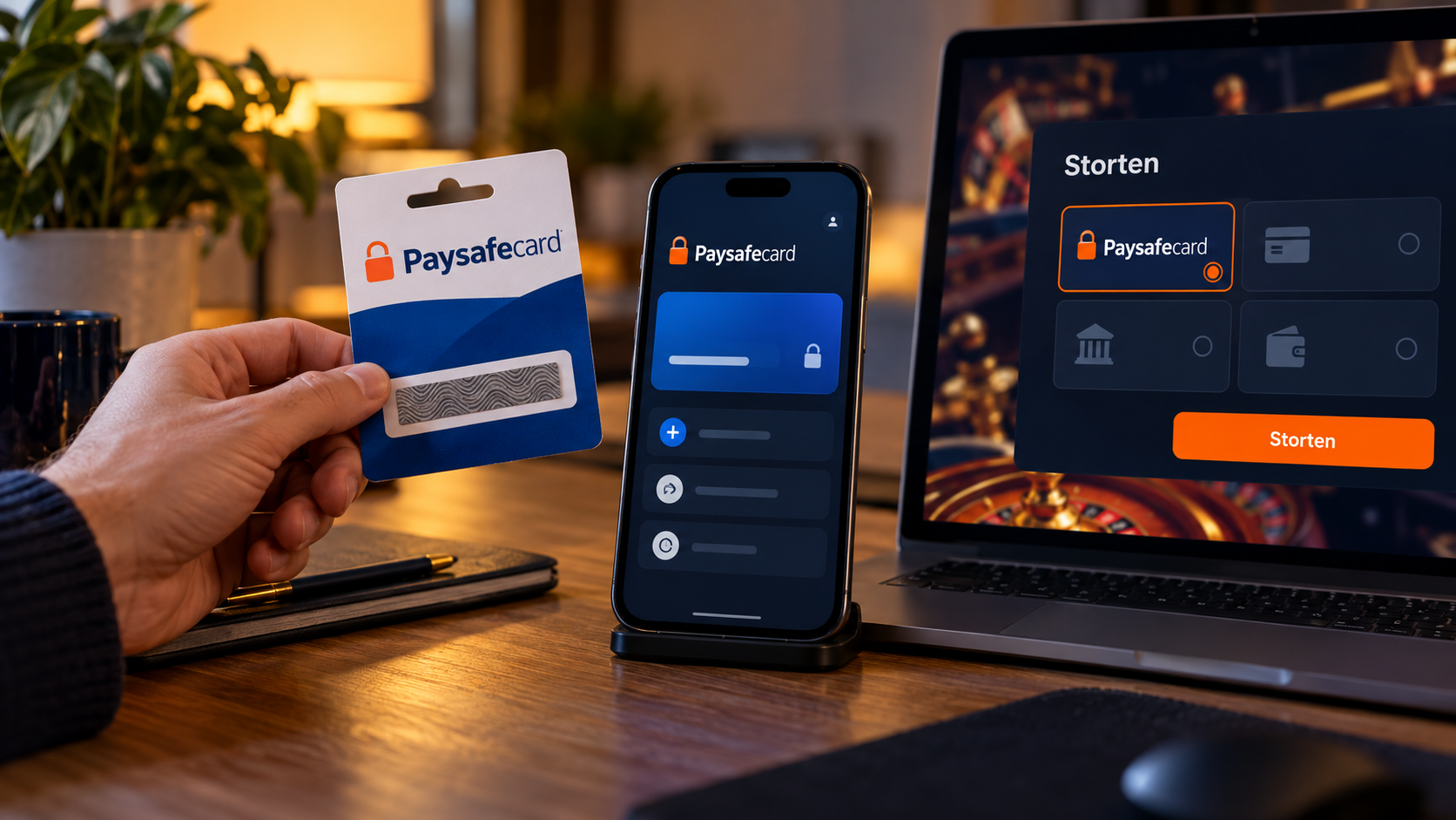 Persoon houdt een Paysafecard-voucher vast naast een digitaal Paysafecard-account en een casinoinsättning.
