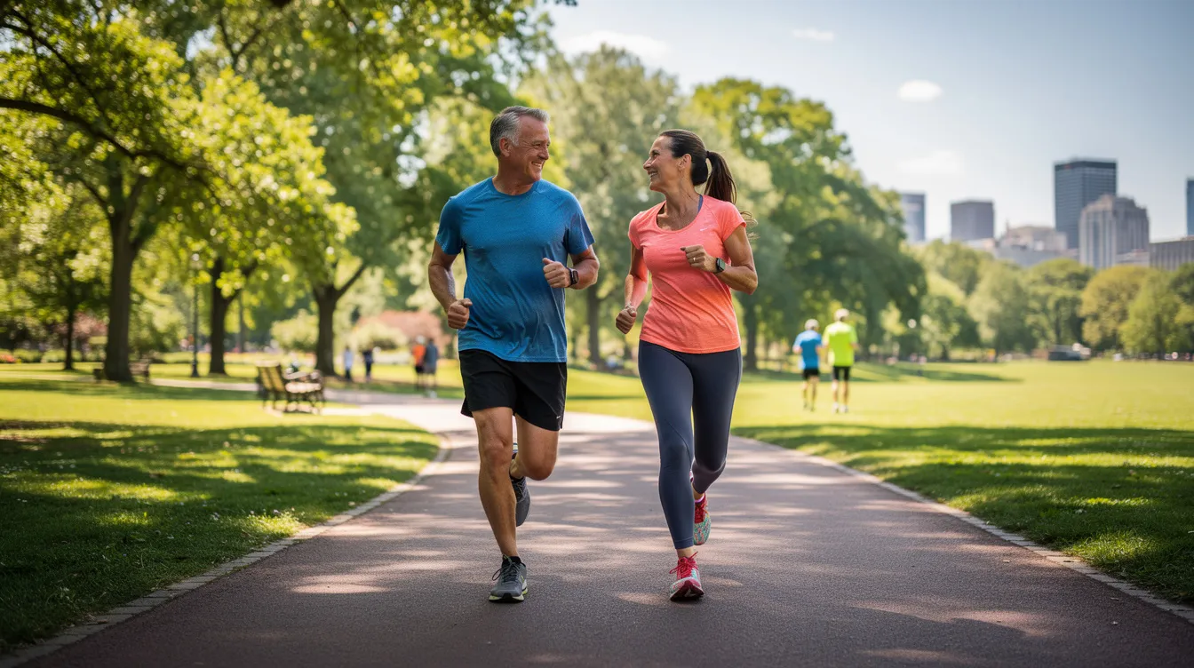 Two middle-aged adults are jogging together in a park on a sunny day, engaging in aerobic exercise that promotes heart health and improves their cardiorespiratory fitness. This activity not only enhances their fitness level but also contributes to a reduced risk of cardiovascular disease and better longevity.