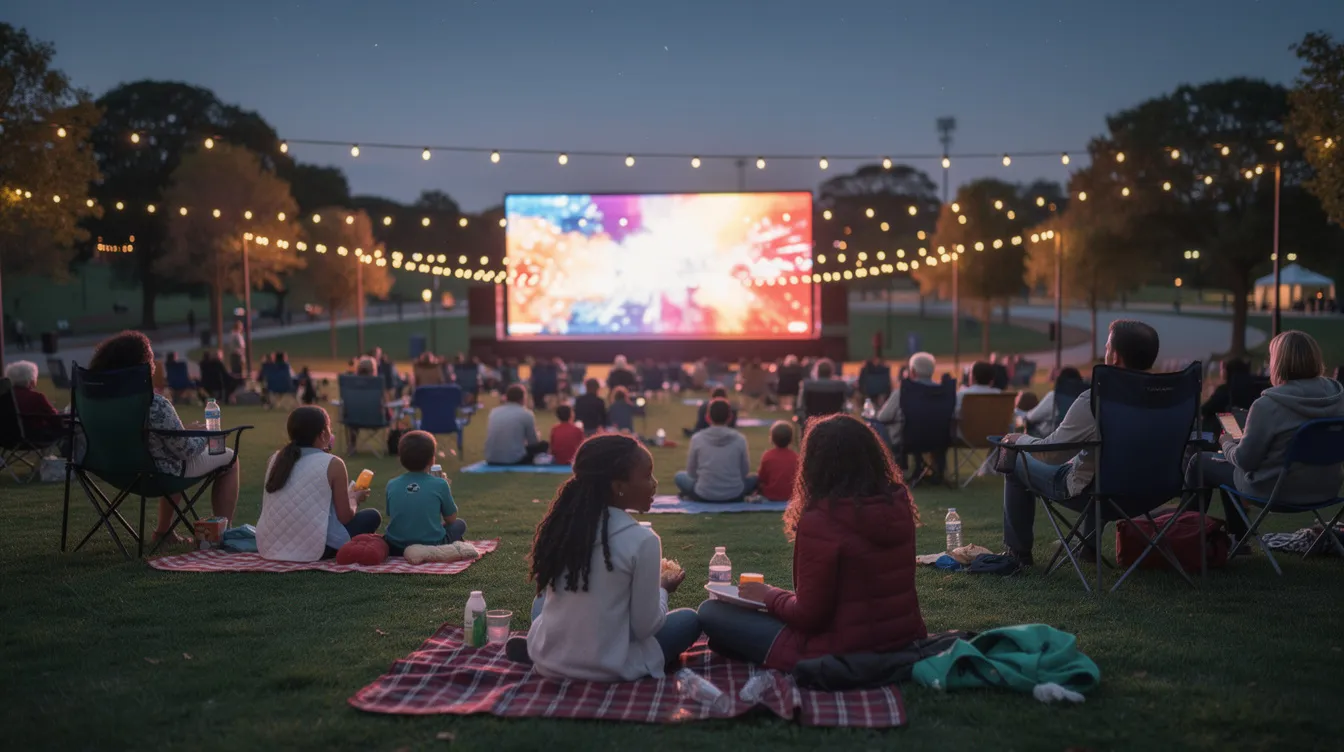 Families and fans are gathered in a park in the North Loop of Minneapolis, enjoying a watch party as they cheer for their favorite teams on a large LED screen, illuminated by string lights at dusk. The atmosphere is lively, with people celebrating, grabbing snacks and drinks, and enjoying the event together under the evening sky.