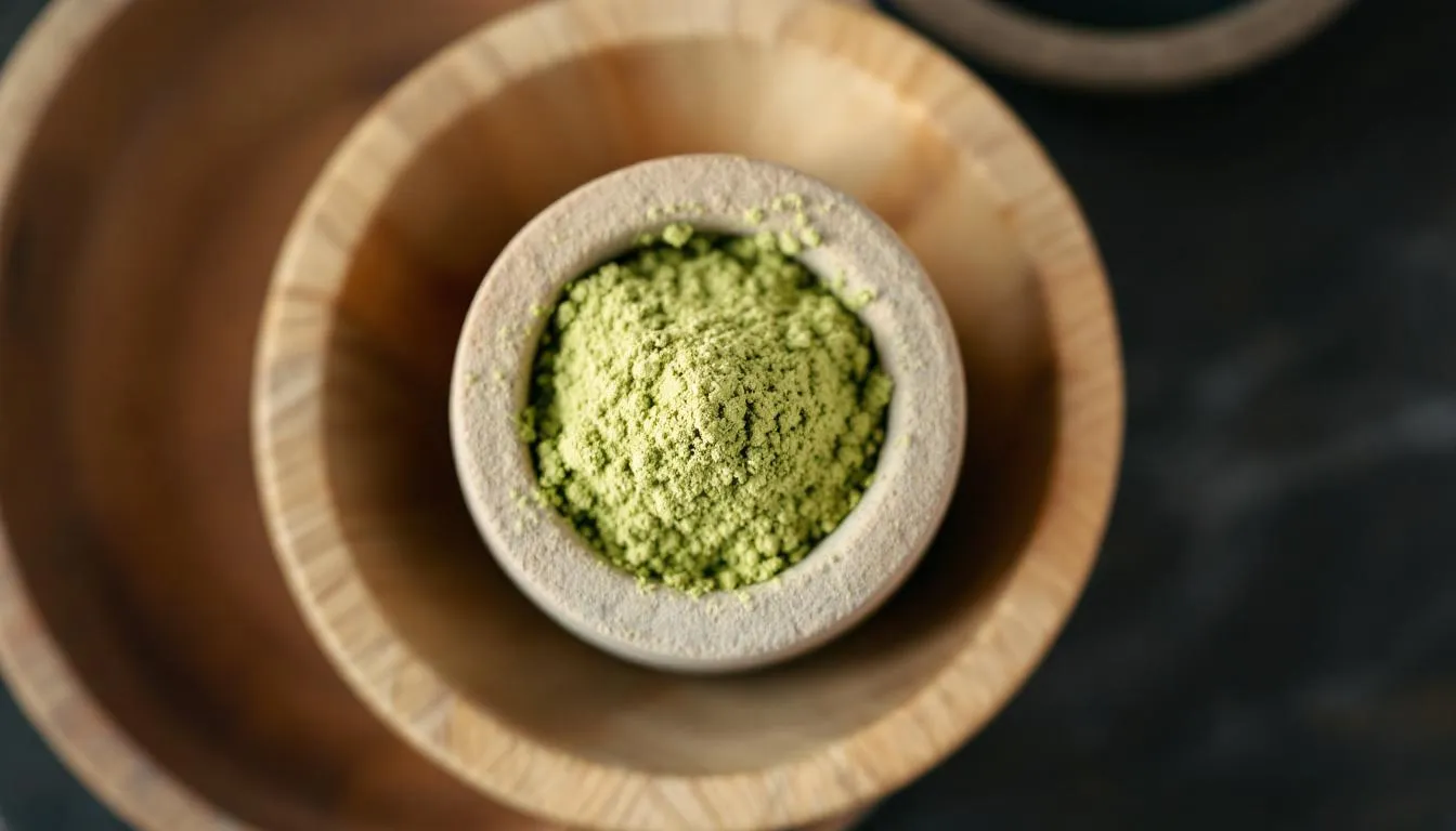 Un bol en bois naturel contient de la poudre fine d'argile verte, mettant en valeur sa texture douce et ses propriétés bénéfiques pour la peau. Ce pot d'argile est idéal pour préparer des masques et des cataplasmes naturels.
