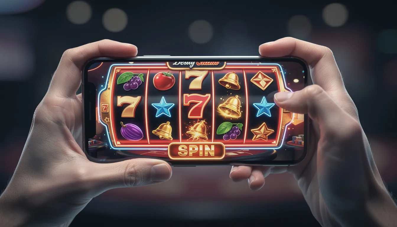 A pair of hands holds a smartphone displaying a vibrant casino slot game, featuring colorful symbols and graphics. The image highlights the engaging nature of mobile gaming, symbolizing the rights to entertainment and leisure.