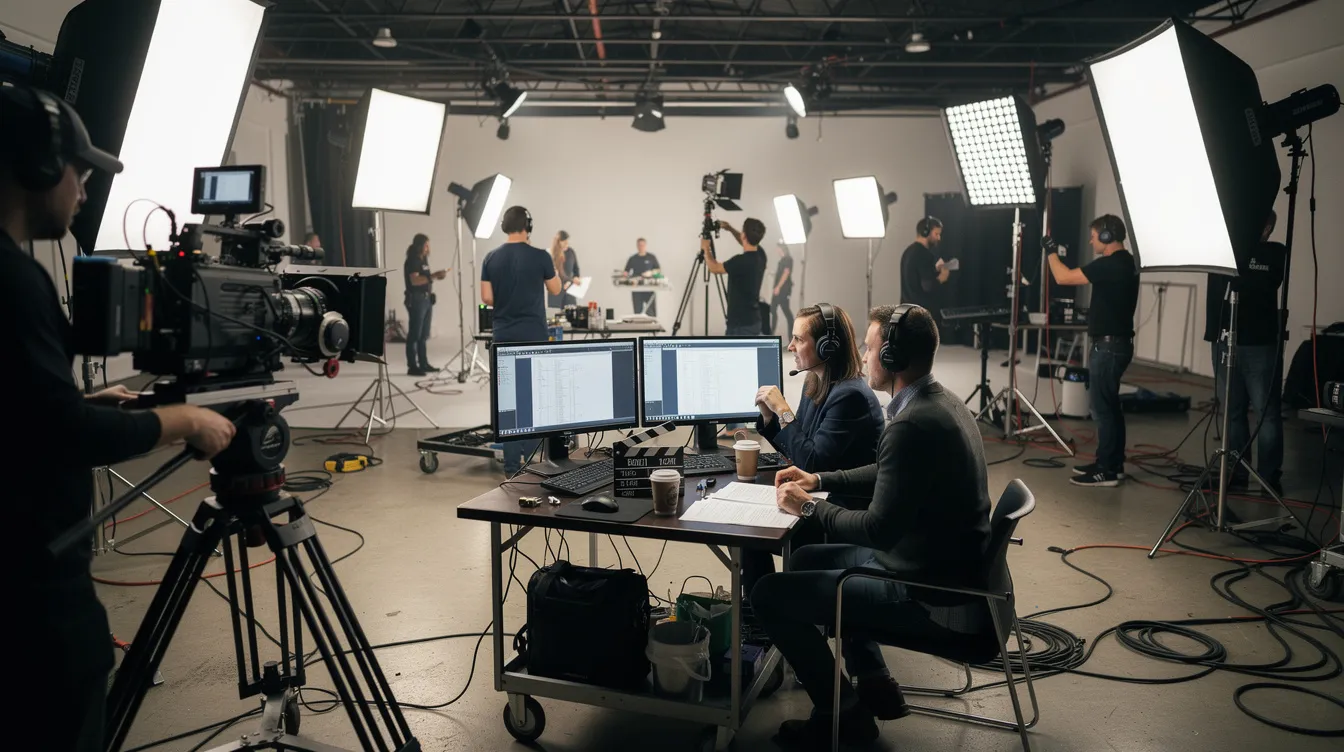 Das Bild zeigt einen Blick über ein Filmset während einer Innenaufnahme, auf dem mehrere Abteilungen wie Kamera, Licht und Regie sichtbar sind. Menschen arbeiten zusammen, um die verschiedenen Aufgaben der Filmproduktion zu koordinieren und das Projekt erfolgreich umzusetzen.