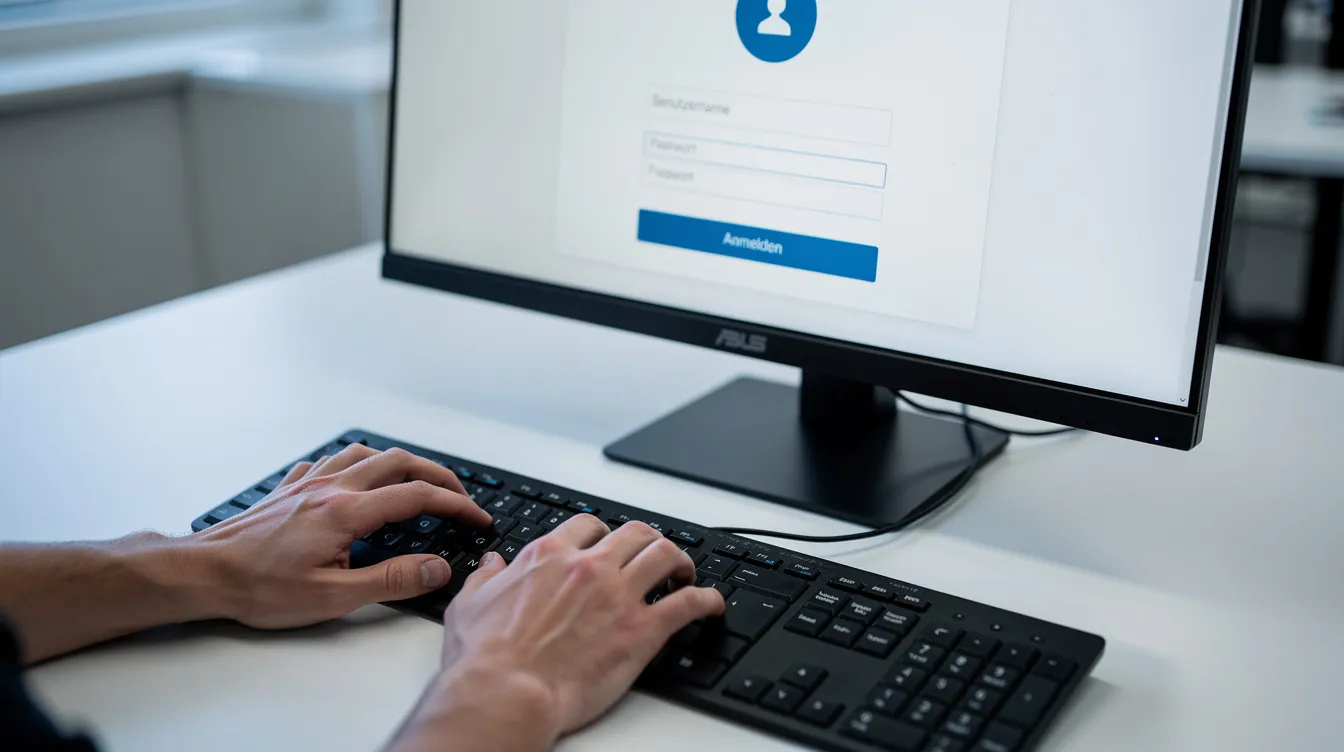 Zwei Hände tippen auf einer Tastatur, während sie Zugangsdaten in ein Anmeldeformular auf einem Bildschirm eingeben, möglicherweise für den Zugriff auf den Allianz Trade Online Service oder die Eolis-Plattform. Der Fokus liegt auf dem Eingabeprozess, der für die Anmeldung bei Euler Hermes wichtig ist.