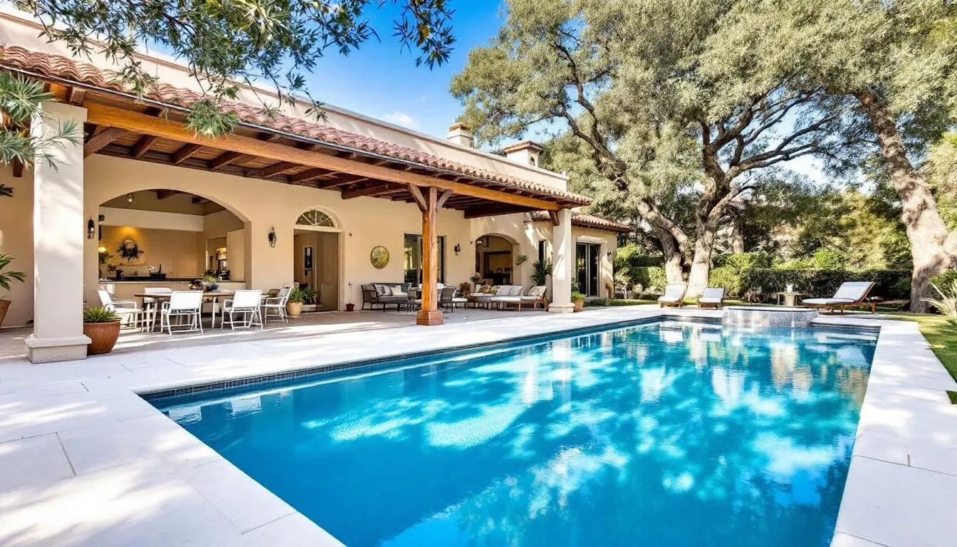 The image showcases the pool patio of an absolutely stunning Mediterranean home, featuring a sparkling swimming pool and a spacious covered lanai, perfect for both entertaining and quiet relaxation. Surrounded by pristine and mature landscaping, this outdoor living area offers a luxurious setting for indoor and alfresco dining.