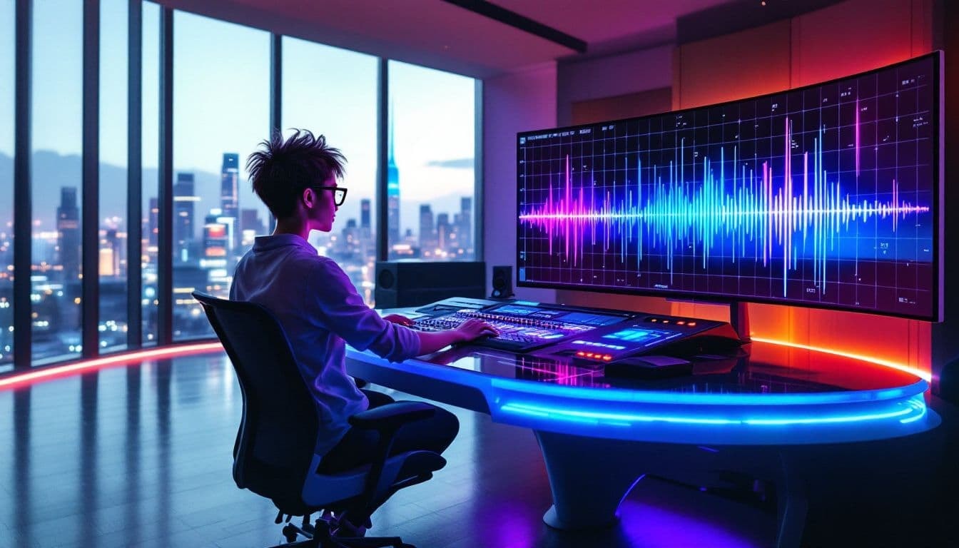 A sound engineer mixing audio tracks in a professional studio environment.