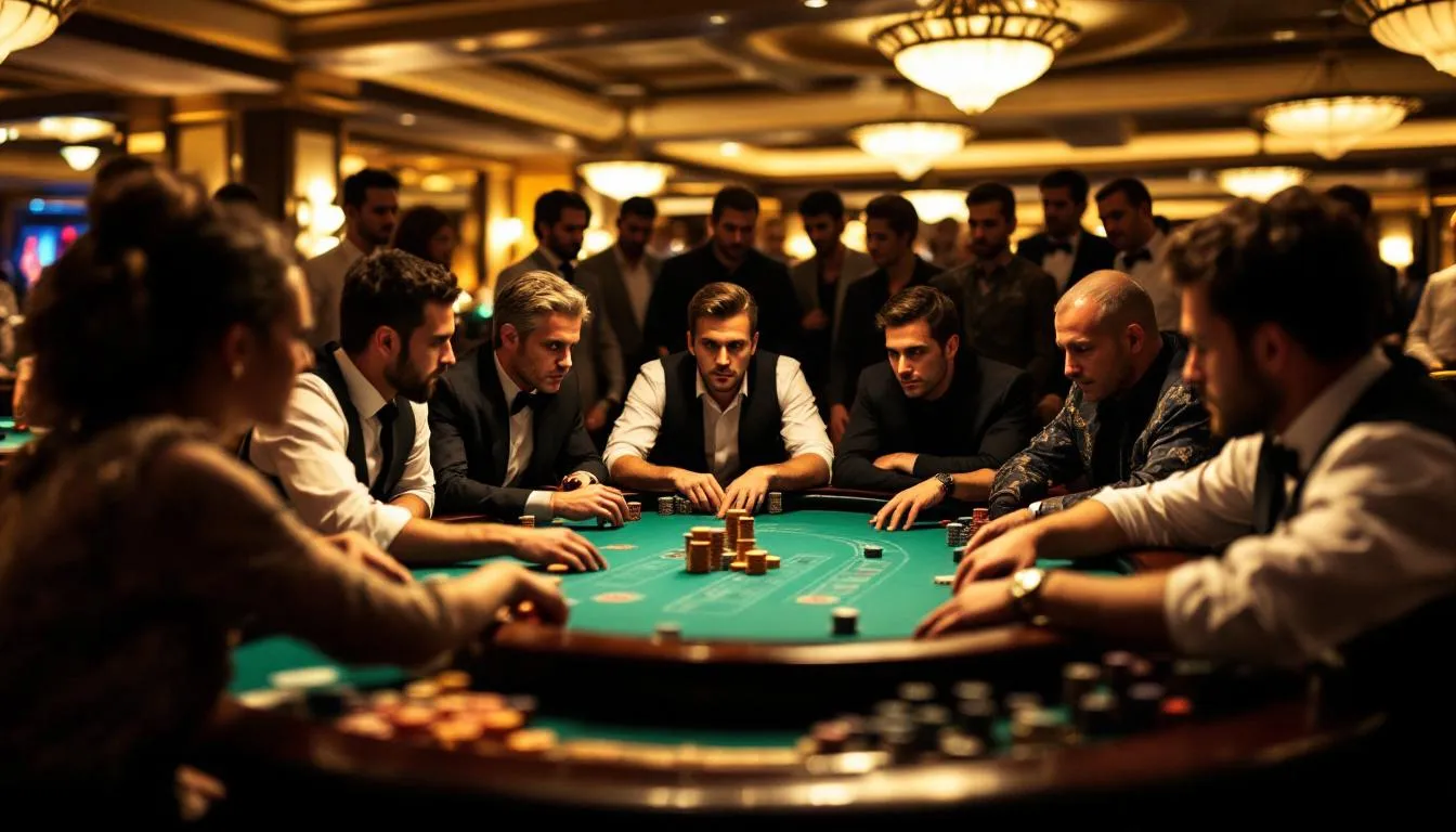En la imagen, un grupo de jugadores concentrados se reúne alrededor de una mesa de ruleta en un casino, observando con atención la acción del juego y las apuestas que realizan. La atmósfera está llena de emoción y expectativa, típica de los juegos de azar en un entorno de casino.