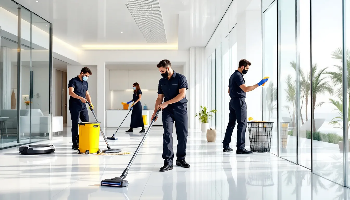 Villa deep cleaning services in action in a luxurious Dubai home.