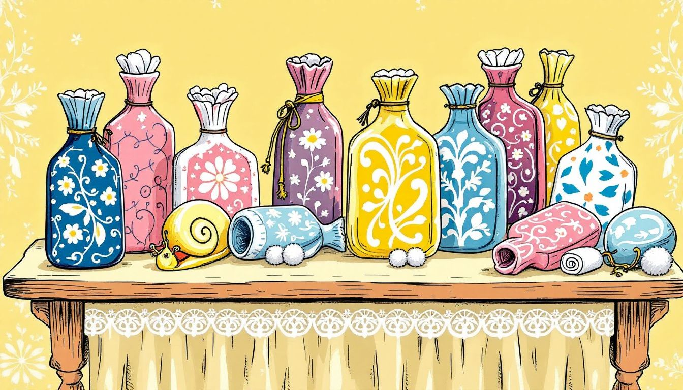 A selection of long hot water bottles displayed on a table.