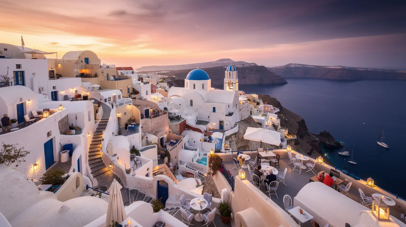 A imagem mostra a deslumbrante cidade de Fira, em Santorini, Grécia, com suas casas brancas de telhados azuis, localizadas em um penhasco que oferece uma vista espetacular do mar Egeu. O cenário captura a beleza única das ilhas gregas, tornando-se um destino imperdível para quem busca uma experiência memorável em viagem.