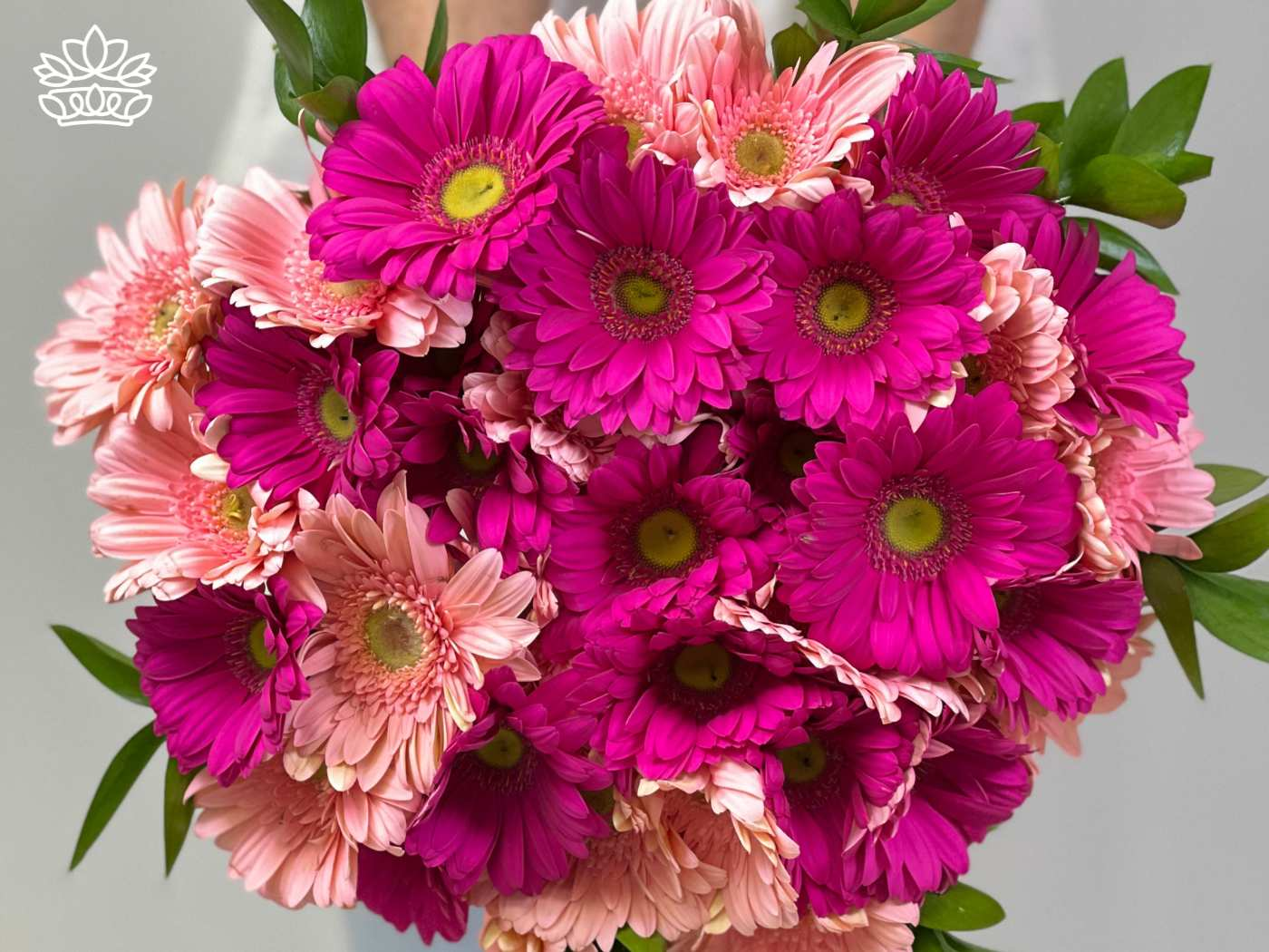 A vibrant bouquet of pink and fuchsia Gerbera daisies, arranged with lush green foliage. Fabulous Flowers and Gifts. Gerberas Collection. Delivered with Heart.