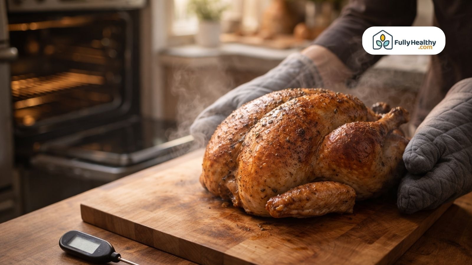 Whole roasted turkey resting on cutting board with oven and thermometer nearby