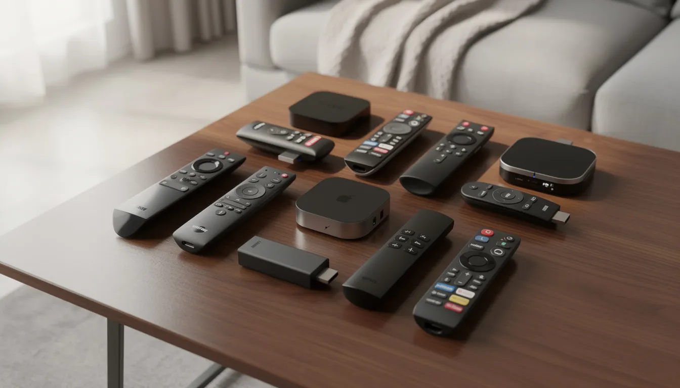 The image shows a coffee table cluttered with various streaming devices, including an Apple TV, alongside multiple smart TV remote controls, highlighting the convenience of accessing streaming content and connected TV advertising. This setup represents the modern viewing environment where audiences engage with digital advertising across connected televisions and streaming services.