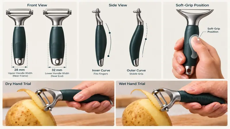 Comparison of handle widths, curvature, working angles, and soft-grip positions used in dry-hand and wet-hand trials.