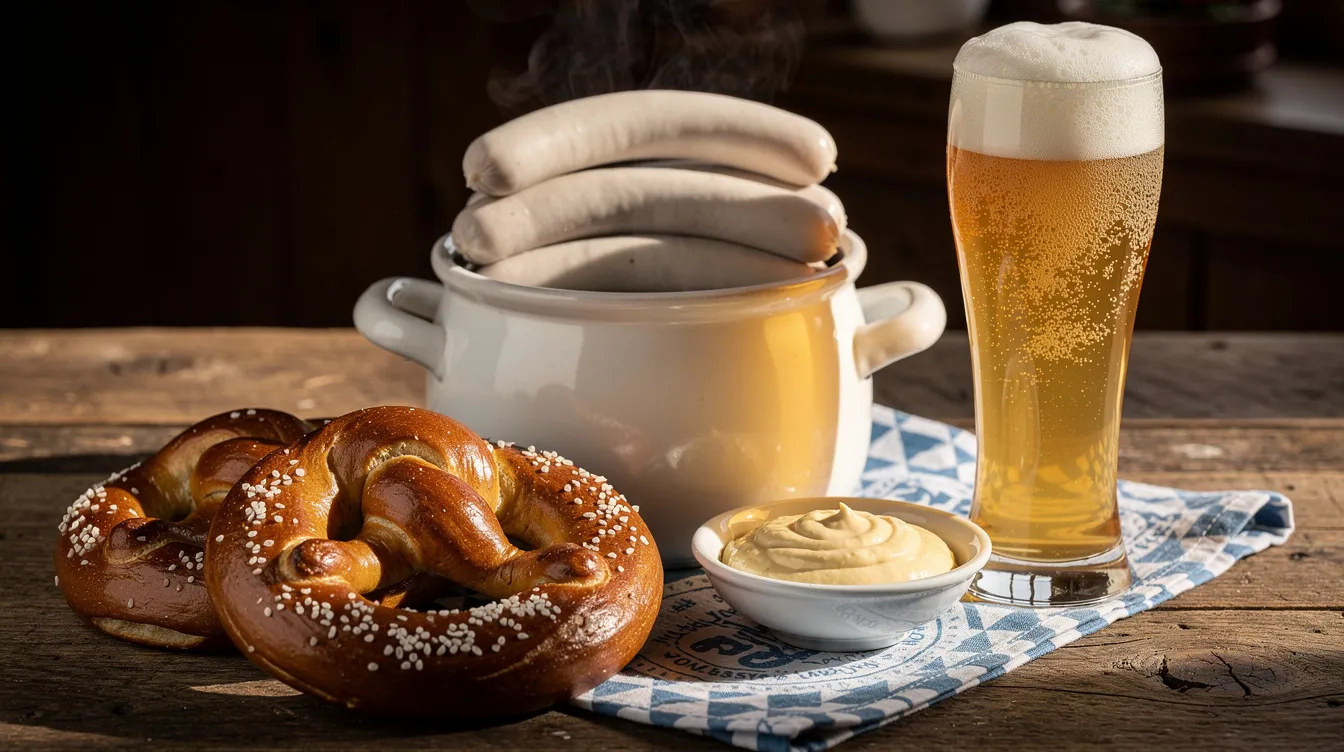 Das Bild zeigt ein traditionelles bayerisches Frühstück, das Weißwürste in einem Keramiktopf, frische Brezen, süßen Senf und ein Glas Weißbier auf einem rustikalen Holztisch umfasst. Die Weißwürste sind in Scheiben geschnitten und bieten einen typischen Geschmack, der perfekt zu den Brezen und dem süßen Senf passt.