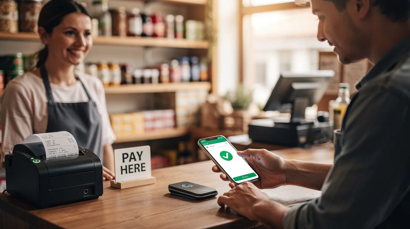 edce63c4 48e4 4258 9b12 e49839557f93 An entrepreneur is seen making a digital payment via smartphone at a small shop counter, showcasing the convenience of cashless transactions for micro and small enterprises. This image reflects the growing trend of using technology in business, which can be supported by schemes like the Pradhan Mantri Mudra Yojana for eligible borrowers.