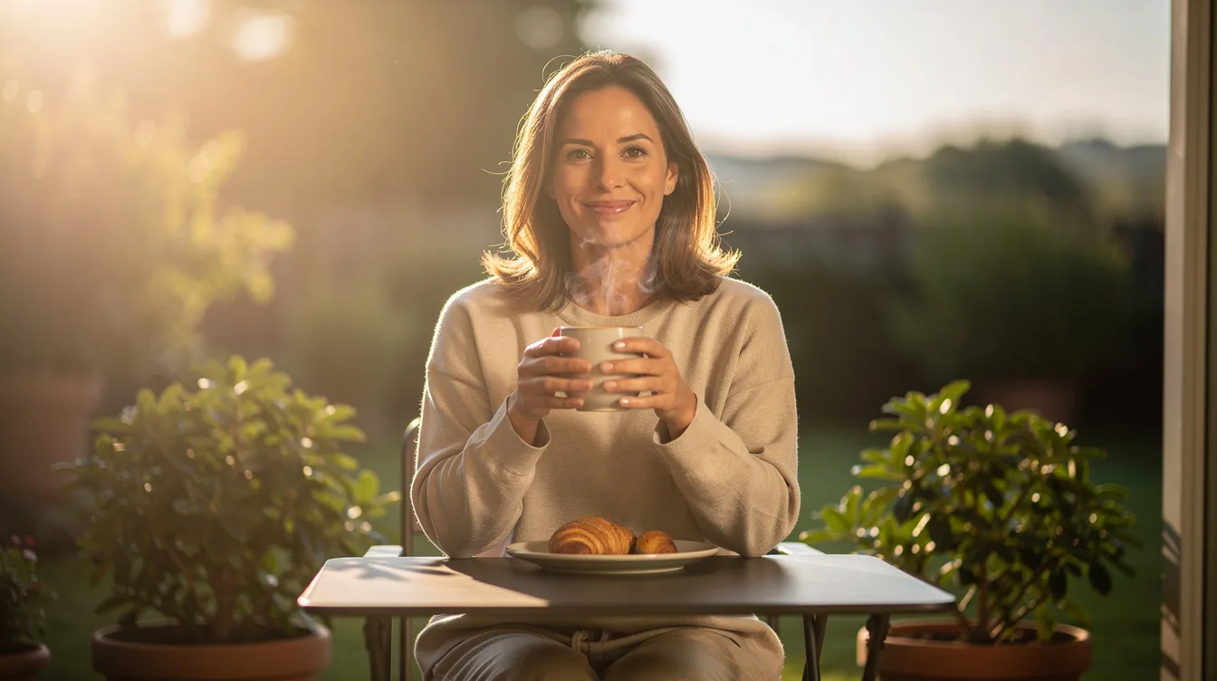 A person sits on a patio, enjoying a cup of coffee in the warm morning sunlight, exuding a sense of refreshment and calm. The scene evokes the tranquil effects that can be associated with a CBD regimen, promoting relaxation and potentially enhancing sleep quality.