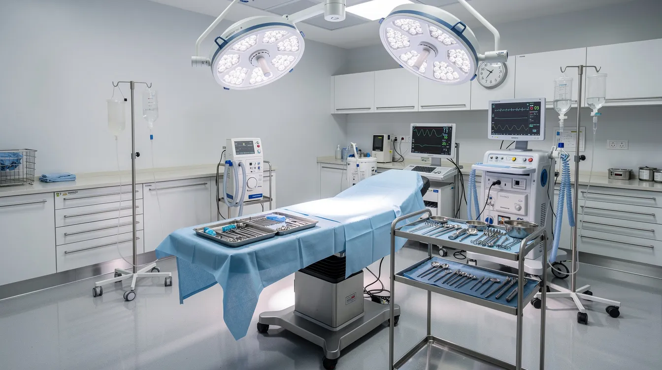 Imagen de un quirófano moderno, equipado con iluminación quirúrgica y diversos instrumentos médicos, listo para realizar un procedimiento de liposucción 360. El ambiente refleja un enfoque profesional y cuidado, ideal para la eliminación de depósitos de grasa y la mejora del contorno corporal.