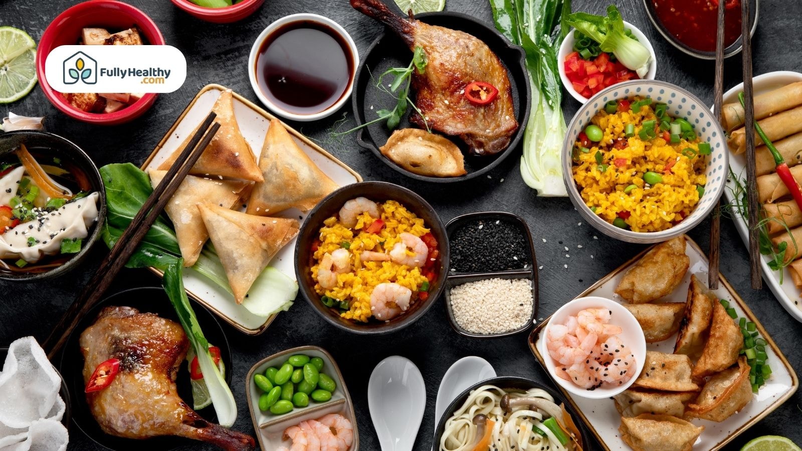 Asian feast with rice, dumplings, spring rolls, and sauces