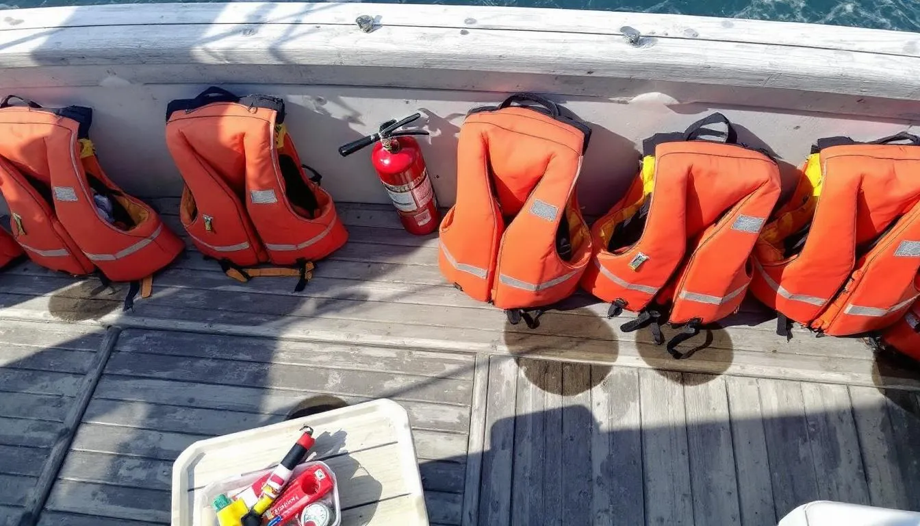 The image depicts a boat deck equipped with essential safety supplies, including brightly colored life jackets, a fire extinguisher, and emergency signaling devices, ensuring boaters are prepared for any situation while enjoying their time on the water.