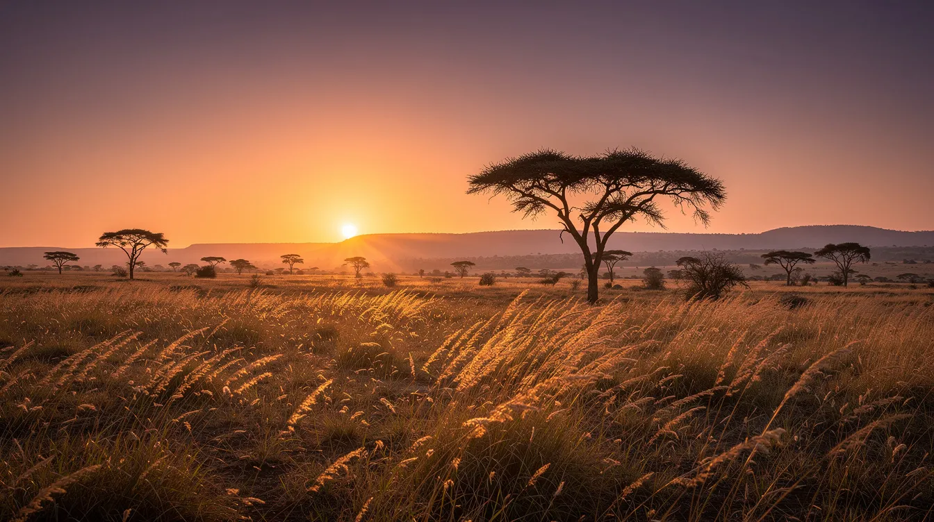 The image depicts a stunning sunset over a savannah landscape in East Africa, featuring a warm blend of orange and purple hues in the sky. This serene view captures the essence of Kenya, a country known for its breathtaking natural beauty and wildlife.