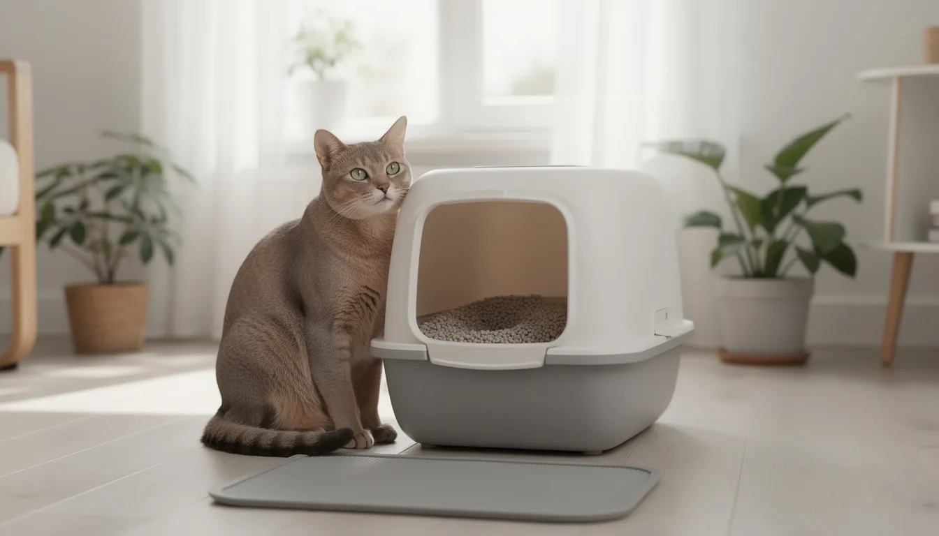 A content cat sits next to a clean modern litter box in a bright, airy room that promotes good ventilation. The litter box is filled with clumping litter, designed for odor control and minimal dust, ensuring a healthy environment for both the cat and its owners.