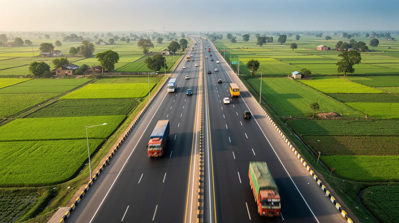 edd746e6 7691 4adc 9017 f7ff25ce5f9f An aerial view showcases a modern Indian expressway traversing lush green agricultural fields, dotted with trucks and vehicles, highlighting the connectivity crucial for business ventures in Uttar Pradesh. This scene reflects the potential for profitable business ideas and low investment opportunities in the region, emphasizing the importance of transport infrastructure for small business growth.