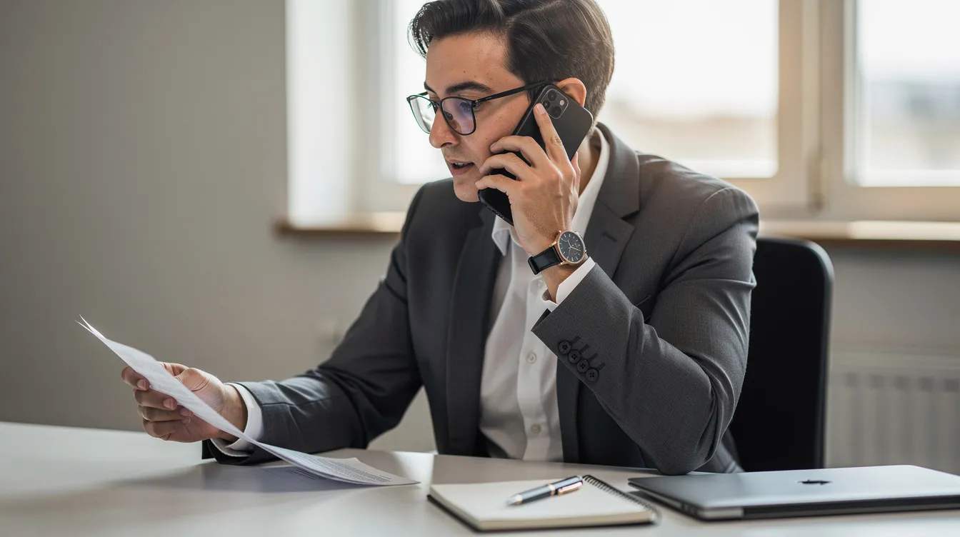 A person is sitting at a table, reviewing paperwork while talking on the phone, possibly discussing details related to a car accident and the insurance coverage needed from the at-fault driver. The scene suggests they may be seeking legal representation or advice on how to recover compensation for medical bills and lost wages.
