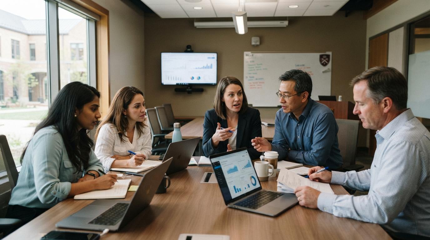 Professional photo of higher education faculty discussing student performance and learning outcomes around laptops in a university meeting room, representing data-driven instructional decisions.