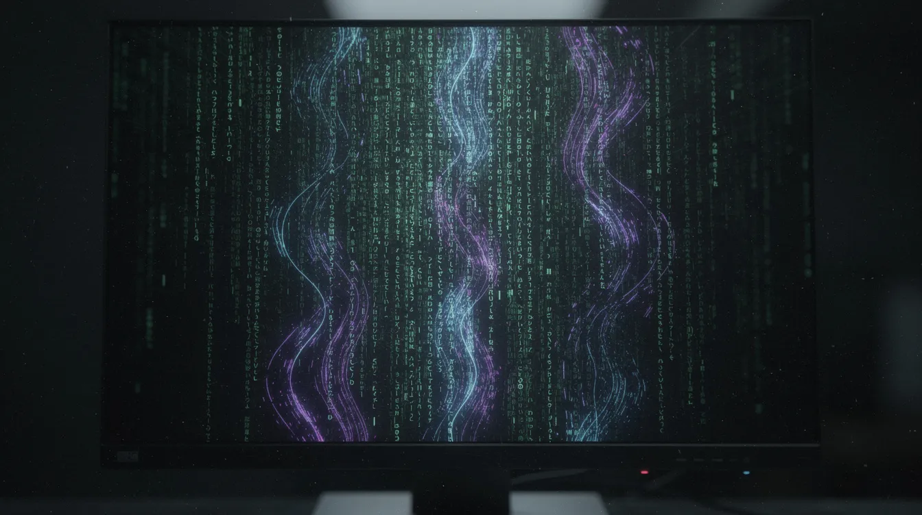An abstract digital pattern flows through lines of text on a computer screen, symbolizing hidden data signals processed by AI tools. This image represents the generative AI landscape, showcasing how Claude models generate content that reflects underlying ideas and signals.