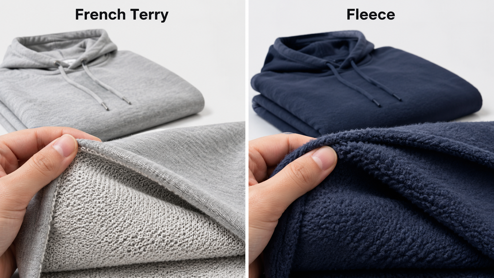 French terry hoodie and fleece hoodie fabric comparison showing texture and warmth differences