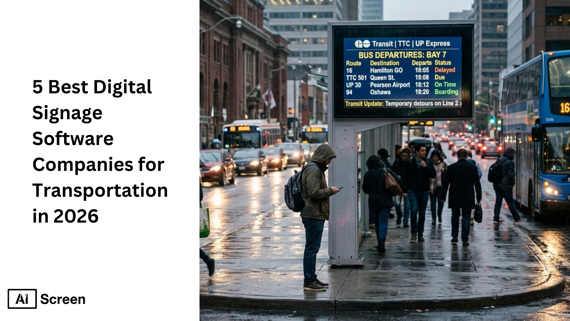 5 Best Digital Signage Software Companies for Transportation in 2026 1 transportation hub digital screens showing alerts, and transit information
