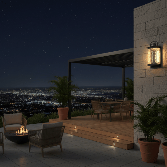 Outdoor patio with a rustic wall-mounted barn light, creating a cozy atmosphere over the seating area, with a stunning city skyline view at night.